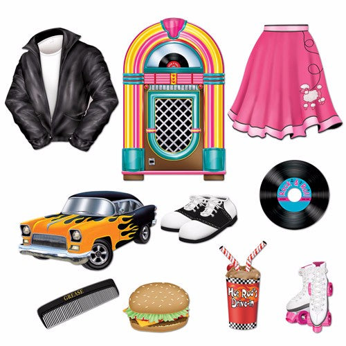 Colorful 50's-themed cutouts featuring jukeboxes, cars, burgers, and more, perfect for retro party decorations.