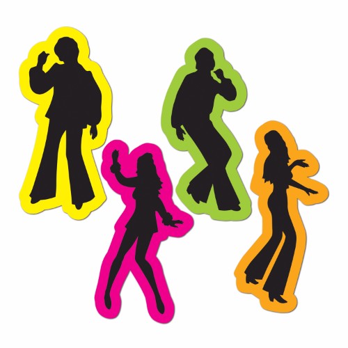 Colorful 70's silhouettes cardboard cutouts, 36cm tall, ideal for parties and retro decor, pack of 4.