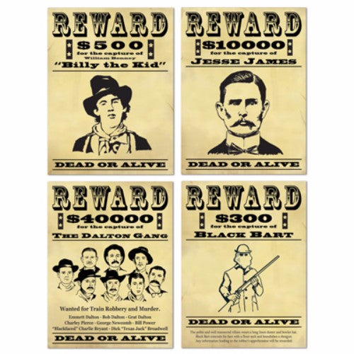 Cutouts Western Wanted / Reward Signs - Pack of 4