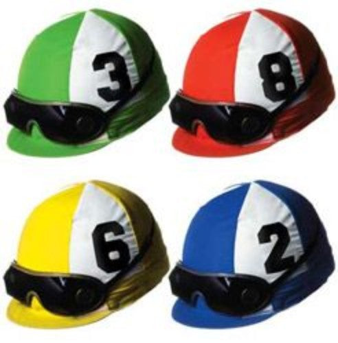 Colorful cutout jockey helmets, 35cm, pack of 4, double-sided prints, perfect for themed parties and events.