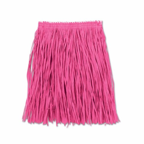 Vibrant pink mini hula skirt for adults, 91cm long with elasticated waist, perfect for tropical parties and festive occasions.