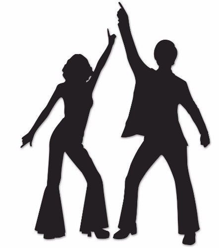 Black cardboard disco silhouettes cutouts, 83cm and 93cm, perfect for retro-themed parties and lively decorations.