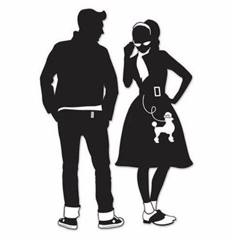 Black 50's Silhouettes Cutouts, ideal for retro parties, measuring 86cm and 93cm, perfect for wall decor and photo ops.