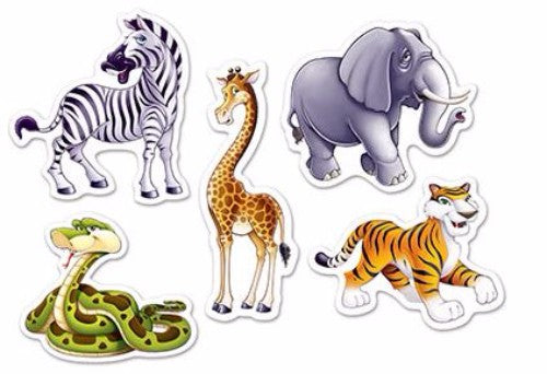 Colorful jungle animal cutouts in assorted sizes for crafts, decorations, or party favors - Pack of 10.