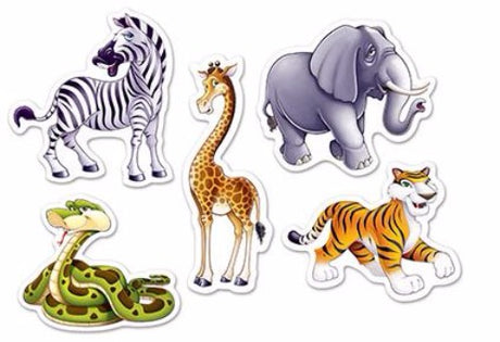 Colorful jungle animal cutouts in assorted sizes for crafts, decorations, or party favors - Pack of 10.
