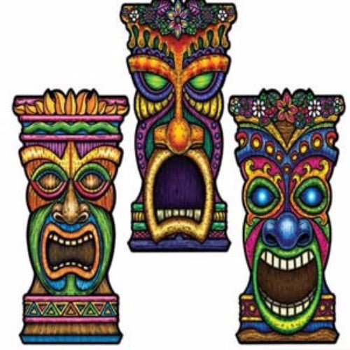 Vibrant assorted tiki cardboard cutout, 55cm x 26cm, printed on both sides, perfect for festive decor and celebrations.