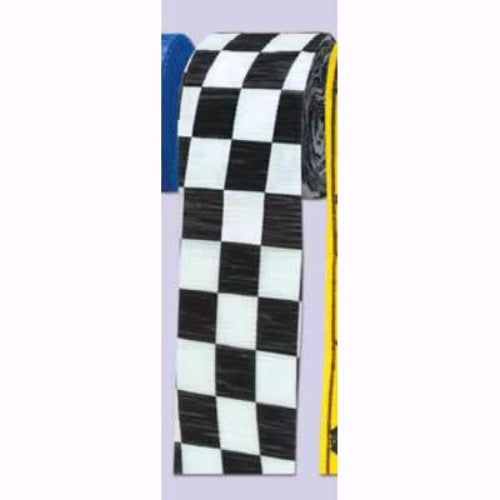 Black and white checkered crepe streamer, 6cm wide and 9m long, perfect for festive party decorations and events.