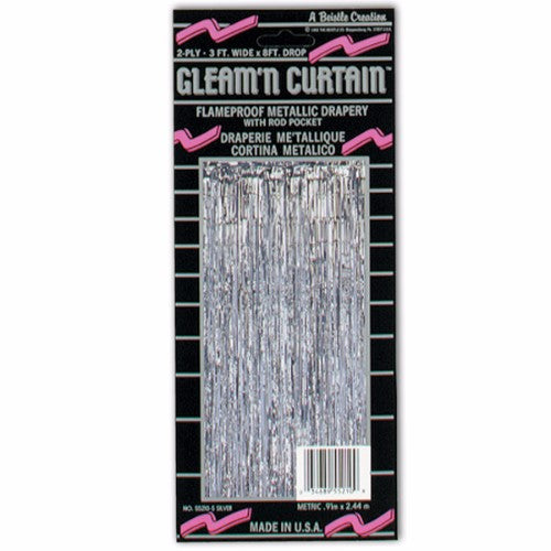 Sparkling silver metallic fringe curtain, 2.4m high x 91cm wide, perfect for glamorous event decor and photo backdrops.