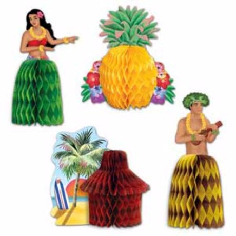 Vibrant Mini Centrepieces Luau - Pack of 4, 13cm high, made of durable cardboard and honeycomb paper for festive table decor.