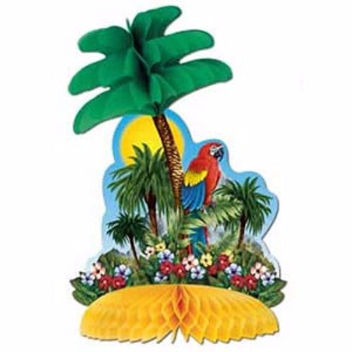 Vibrant 30cm tropical island honeycomb centerpiece with palm trees, perfect for summer parties and beach-themed events.