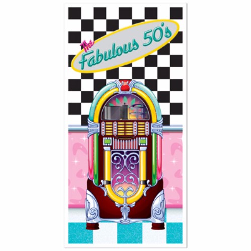 Vibrant '50s-themed door cover, 152cm high x 76cm wide, perfect for retro parties and nostalgic home decor.