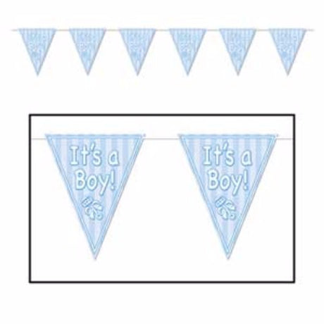Vibrant 'It's A Boy' blue rattle banner, 3.65m long with 12 weather-resistant pennants for baby celebrations.