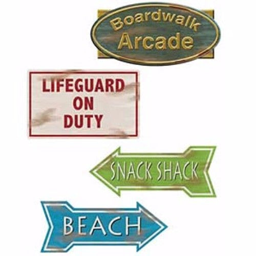 Vintage beach-themed cutouts pack of 4, each 35 cm, double-sided cardboard signs for home or party decor.