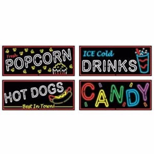 Colorful neon food cutout signs in a pack of 4, perfect for vibrant decor in kitchens, cafes, or parties.