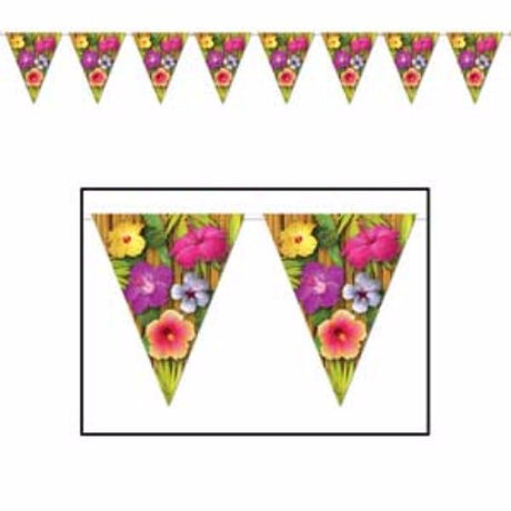 Vibrant 12-pennant luau flowers banner, 25cm high, 3.65m long, perfect for tropical parties and festive decor.