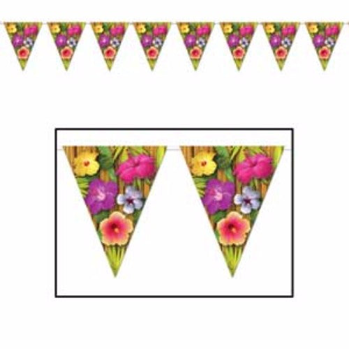 Vibrant 12-pennant luau flowers banner, 25cm high, 3.65m long, perfect for tropical parties and festive decor.