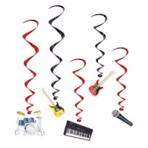 Colorful hanging swirls featuring drum kits, guitars, microphones, and keyboards, perfect for music-themed celebrations.