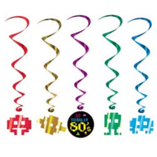 Colorful 80's themed hanging whirls, featuring Space Invaders, perfect for retro parties and nostalgic decor.