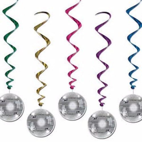 Hanging disco ball decorations in a pack of 5, each 91cm long, perfect for adding sparkle to parties and events.