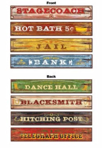 Four colorful cardboard Western signs, each 10cm x 60cm, printed double-sided with unique designs for rustic decor.