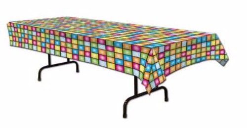 Vibrant plastic table cover featuring a colorful disco squares design, perfect for retro-themed parties and easy to clean.