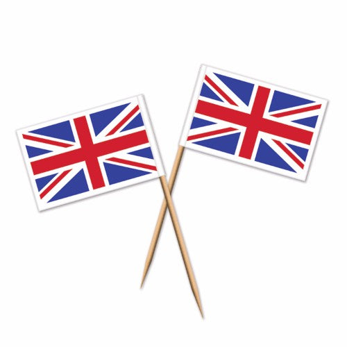 Pack of 50 vibrant Union Jack picks, 6.4cm, perfect for enhancing appetizers and cocktails at any British-themed event.