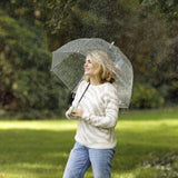 Transparent umbrella with a whimsical bee print, featuring automatic opening and ample coverage for rainy days.