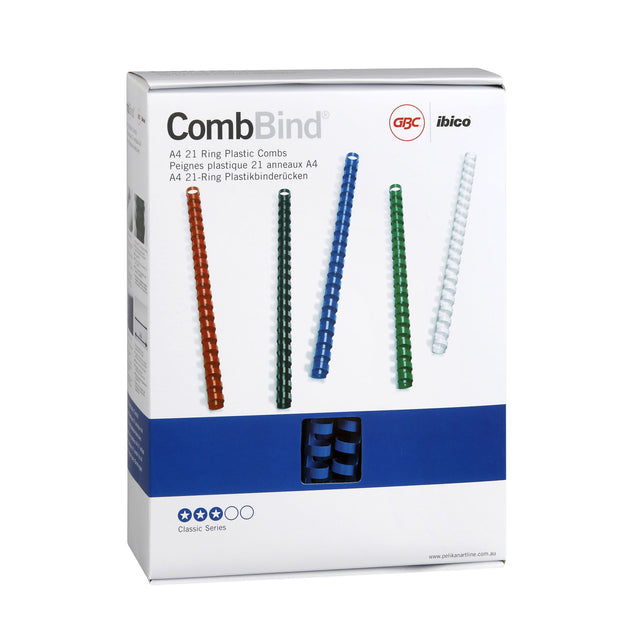 Blue GBC Binding Combs 16mm in a pack of 100, ideal for creating professional, reusable bound documents.