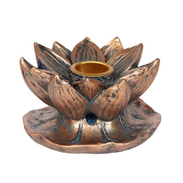 Bronze Lotus Backflow Burner in lotus flower design; creates a calming smoke waterfall effect for relaxation and ambiance.