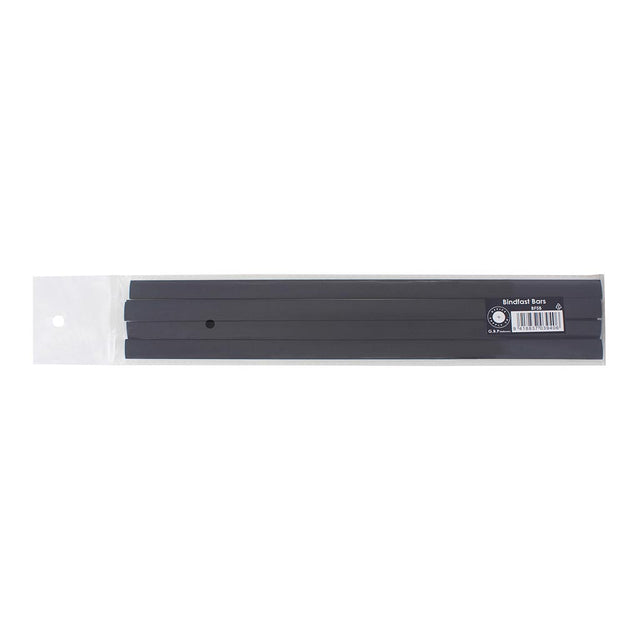 Black 5mm Bindfast folder bars in a pack of 5, designed for easy organization of loose A4 documents without stapling.