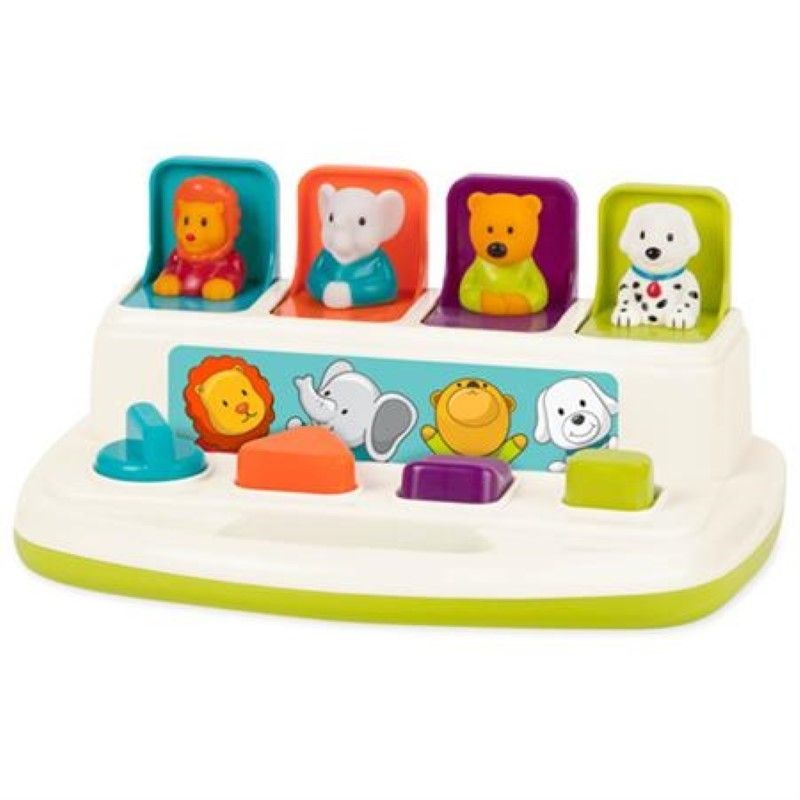 Colorful sensory toy featuring four animal friends that pop in and out, promoting fine motor skills and imaginative play for toddlers.