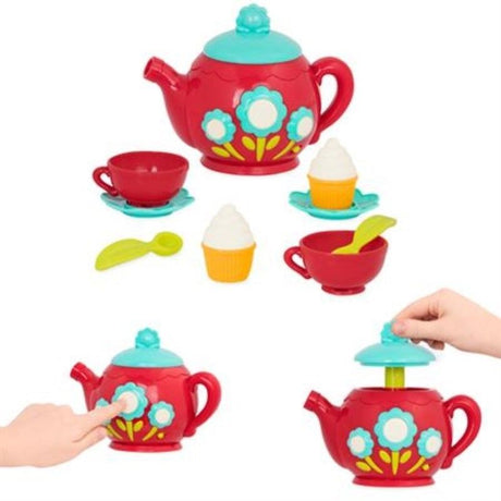 Colorful Battat Musical Tea Set Playset with interactive teapot, cups, saucers, spoons, and cupcakes for imaginative play.