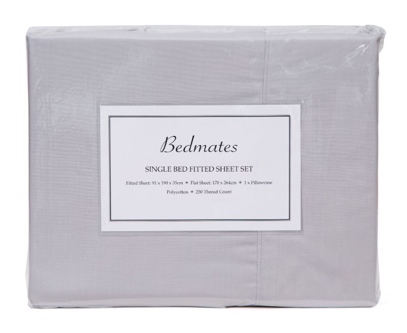 Silver Bedmates Single Sheet Set featuring premium polycotton, 250 thread count, includes fitted sheet, flat sheet, and pillowcase.