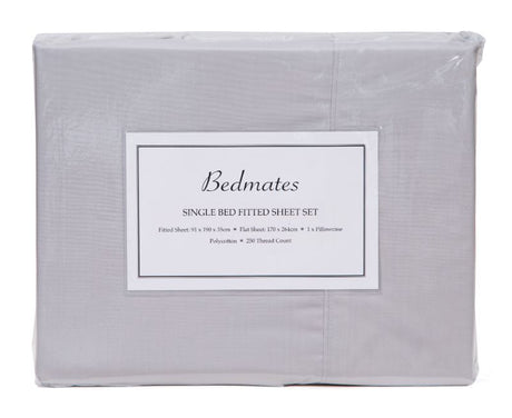 Silver Bedmates Single Sheet Set featuring premium polycotton, 250 thread count, includes fitted sheet, flat sheet, and pillowcase.