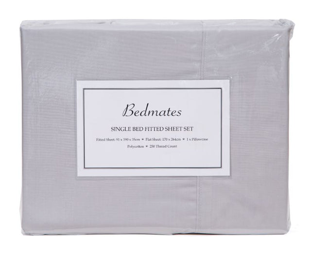 Silver Bedmates Single Sheet Set featuring premium polycotton, 250 thread count, includes fitted sheet, flat sheet, and pillowcase.