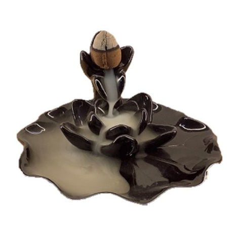 Lotus Backflow Incense Burner in black ceramic, creating a mesmerizing downward smoke waterfall for a serene ambiance.