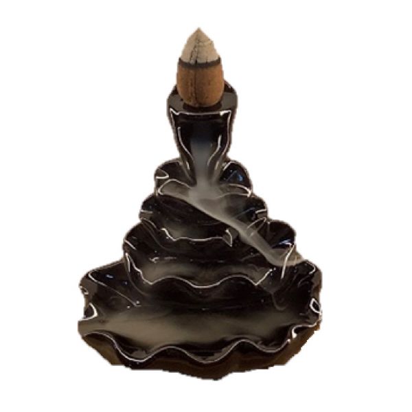 Tiered black ceramic incense burner showcasing cascading smoke in a waterfall effect, perfect for meditation and relaxation.