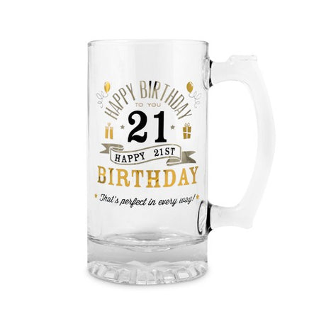 Glass beer mug for 21st birthday, inscribed "Happy 21th Birthday," perfect for celebrations and memorable gifts.