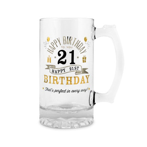 Glass beer mug for 21st birthday, inscribed "Happy 21th Birthday," perfect for celebrations and memorable gifts.