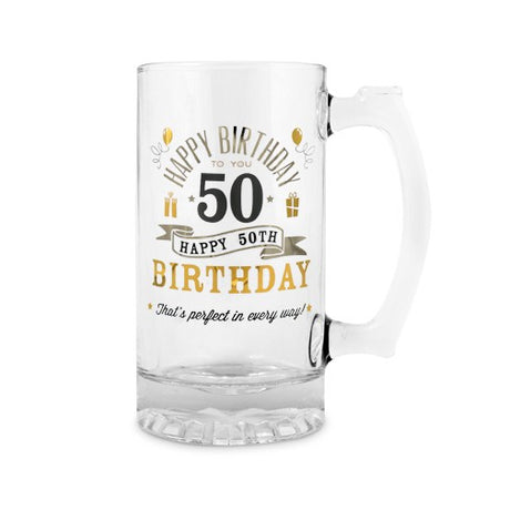 Beer mug tankard celebrating a 50th birthday, featuring a heartfelt message for the special occasion.