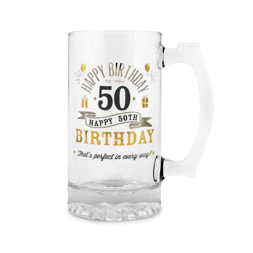 Beer mug tankard celebrating a 50th birthday, featuring a heartfelt message for the special occasion.