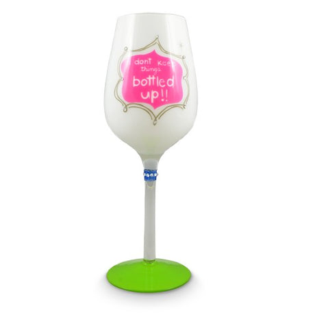 Elegant wine glass with humorous "I don't keep things bottled up" inscription, perfect for gifting or personal use.