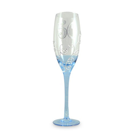 Elegant Vine Blue champagne glass for celebrating a 50th birthday, perfect for toasting and as a memorable keepsake.