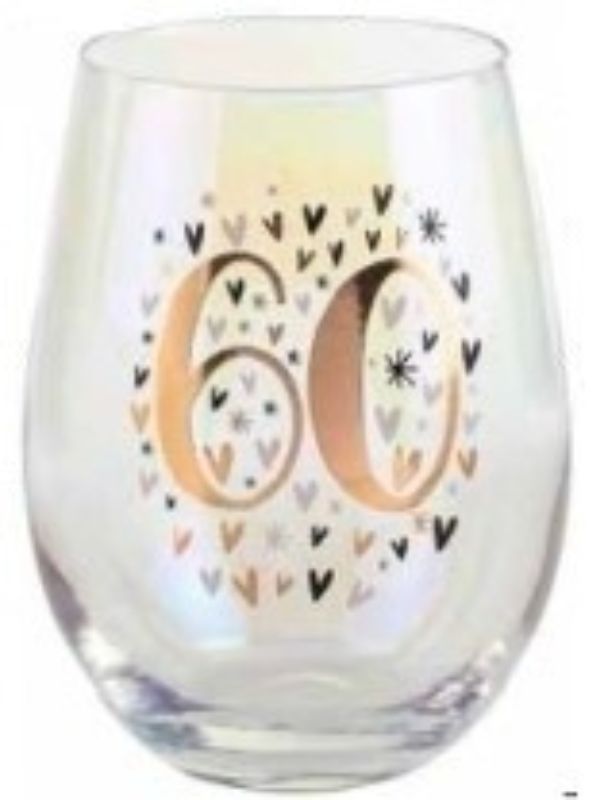 60th Rainbow Pastel Heart Stemless Wine Glass, 600ml, featuring vibrant pastel hearts, ideal for special celebrations and gifting.