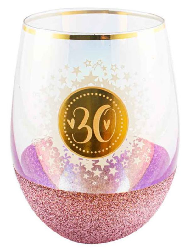 Glitterati stemless glass designed for 30th birthdays, 600ml capacity, stylish and durable for any celebration.