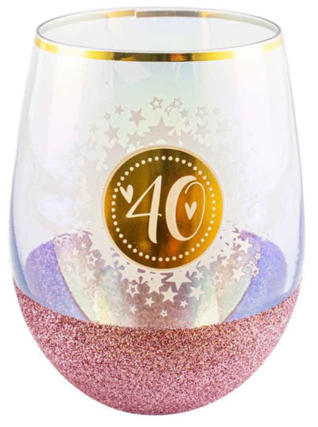 40th Glitterati Stemless 600ml glass featuring a chic glitter design, perfect for stylish celebrations and toasting milestones.