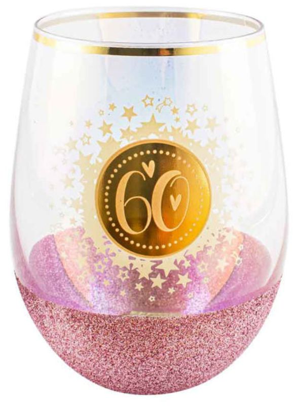 60th Glitterati Stemless 600ml glass featuring a sparkling design, perfect for toasting memorable celebrations in style.