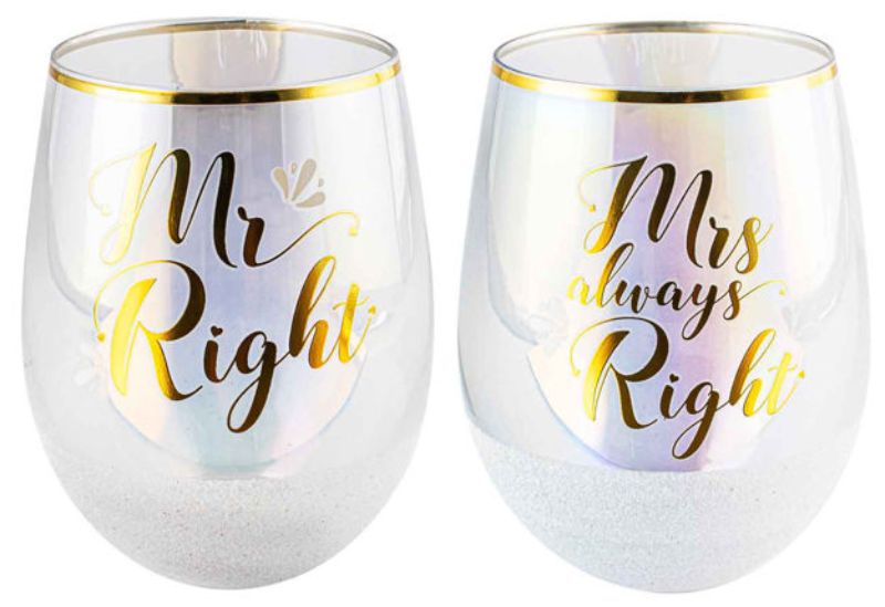 Elegant Mr & Mrs stemless glasses with glitter accents, perfect for toasting at weddings or special occasions, 600ml capacity.