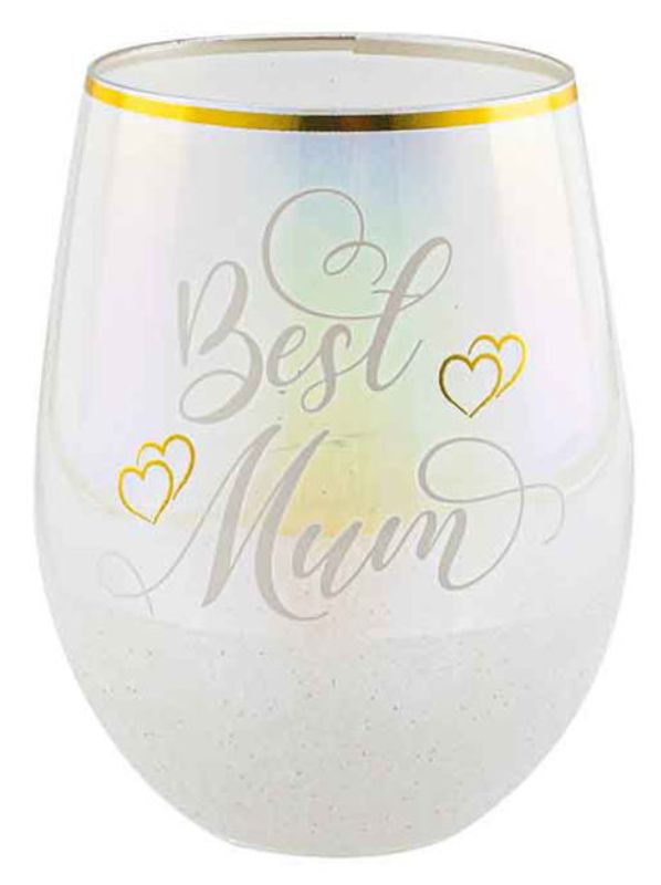 Glitterati stemless wine glass celebrating the best mum, 600ml capacity, elegant design for her favorite beverages.