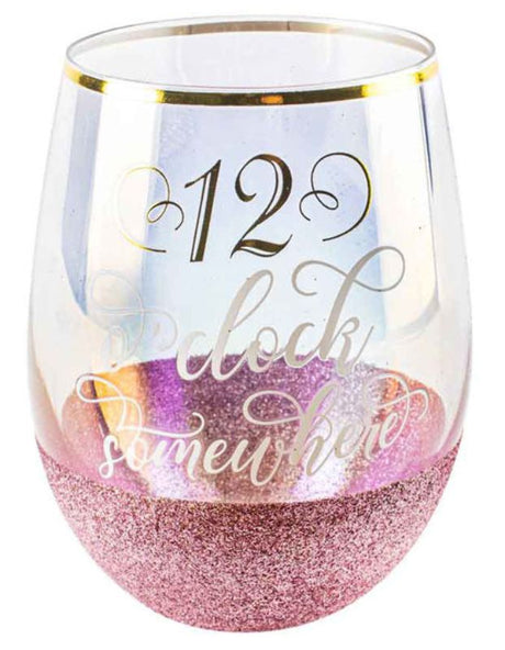 Stylish 600ml stemless glass with glitter finish, perfect for wine, cocktails, and iced drinks at any celebration.